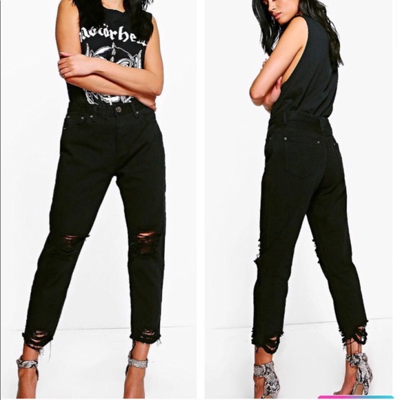 Boohoo Denim - High Rise Destroyed Hem Boyfriend Jean